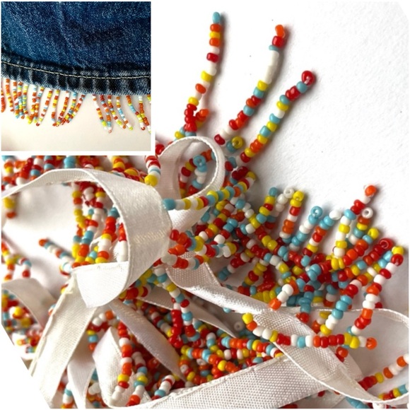 Vintage 70s trim multicolor beads front 1” length 2 yards ribbon - Picture 1 of 12